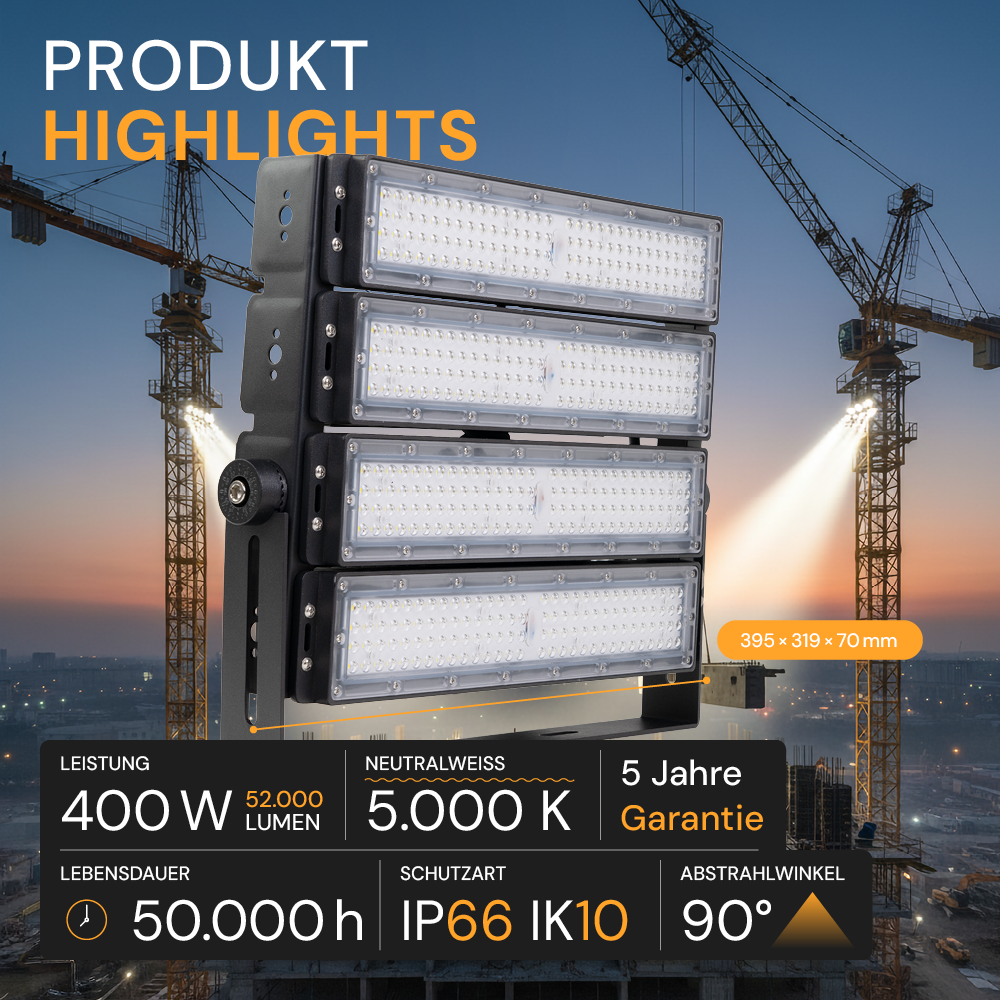 profi fahrradbeleuchtung LED Stadion Fluter, 400 W, 52000 lm, 5000 K, IP66 Der Profi-Stadion-Fluter  mit 400 W, 52.000 lm und neutralweißem 5.000-K-Licht ist der  Hochleistungs-Außenstrahler der Spitzenklasse für Sportanlagen,  Industriehöfe, Parkplätze und Baustellen –