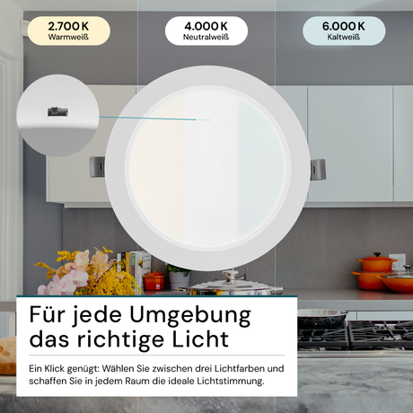LED Einbauleuchte in Weiß, 18 W, 230 V, IP44-geschützt, 1800 lm, Lichtfarbe einstellbar, Ø221x27 mm, Einbaustrahler mit Diffusor, Badezimmer Deckenleuchte