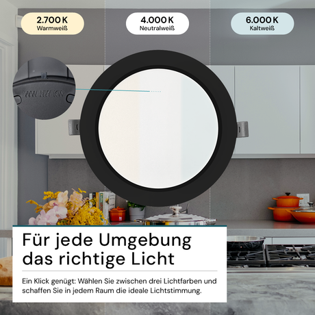 LED Einbauleuchte in Schwarz, 24 W, 230 V, IP44-geschützt, 2400 lm, Lichtfarbe einstellbar, Ø295x28 mm, Einbaustrahler mit Diffusor, Badezimmer Deckenleuchte