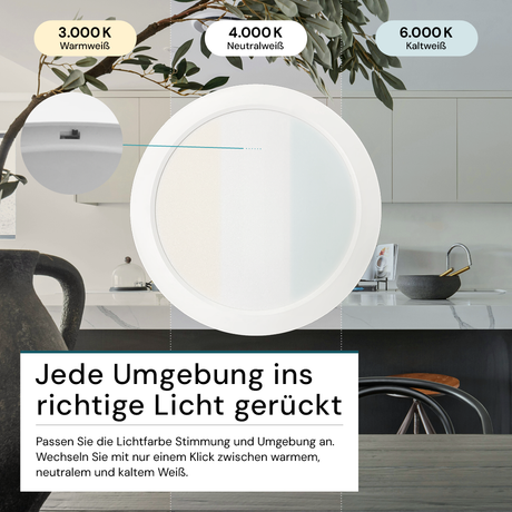 LED Aufbauleuchte in Weiß, 12 W, 230 V, IP44-geschützt, 1200 lm, Lichtfarbe einstellbar, Ø175x34 mm, Deckenleuchte mit Diffusor, Badezimmerlampe