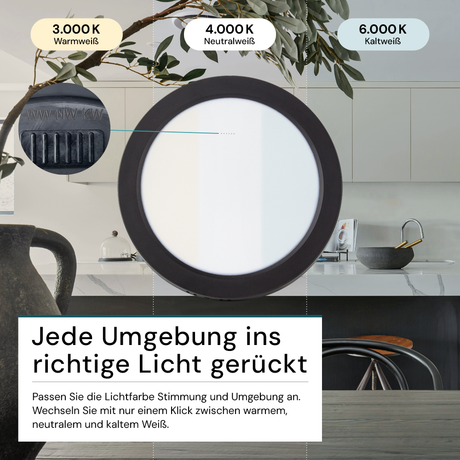 LED Aufbauleuchte in Schwarz, 18 W, 230 V, IP44-geschützt, 1800 lm, Lichtfarbe einstellbar, Ø224x35 mm, Deckenleuchte mit Diffusor, Badezimmerlampe
