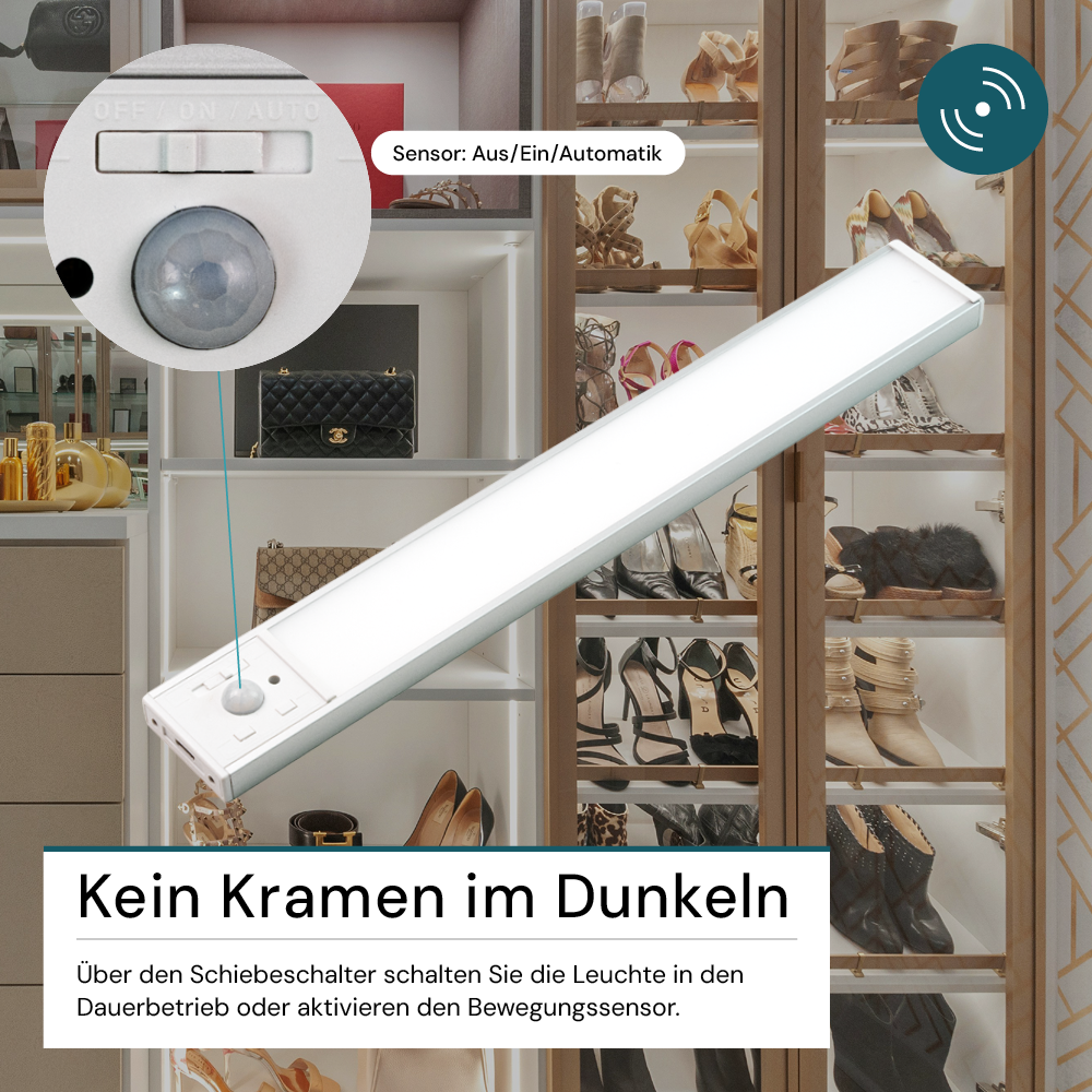 LED Schrankbeleuchtung mit Bewegungsmelder, Silberton, 30 cm, dimmbar, einstellbare Lichtfarbe, USB-aufladbar, einfache Befestigung, Unterbauleuchte –