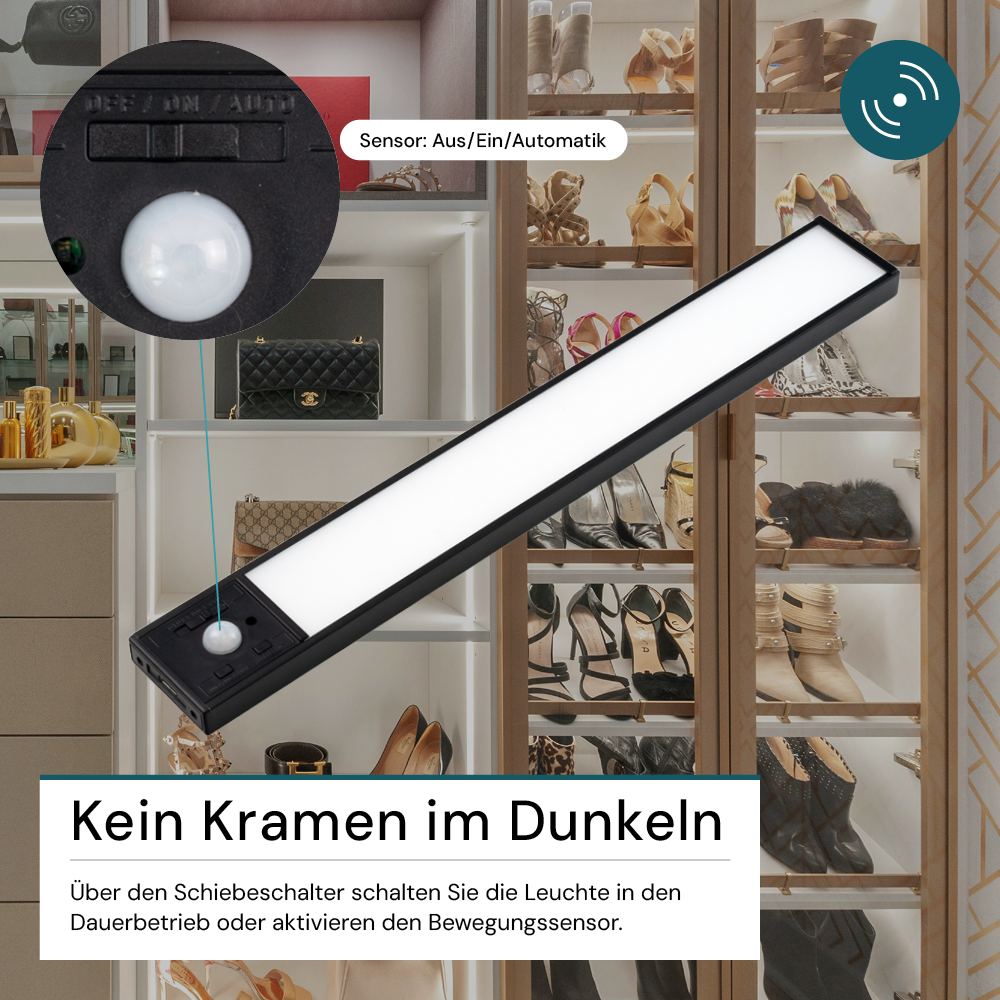 LED Schrankbeleuchtung mit Bewegungsmelder, schwarz, 30 cm, dimmbar, einstellbare Lichtfarbe, USB-aufladbar, einfache Befestigung, Unterbauleuchte