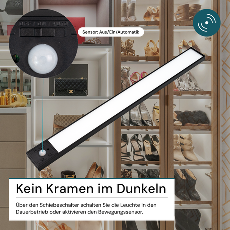 LED Schrankbeleuchtung mit Bewegungsmelder, schwarz, 40 cm, dimmbar, einstellbare Lichtfarbe, USB-aufladbar, einfache Befestigung, Unterbauleuchte