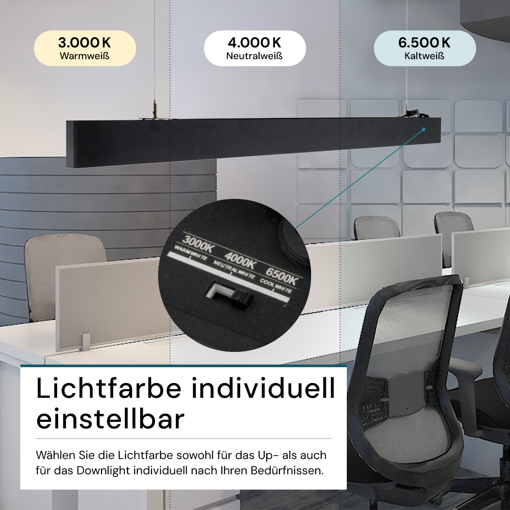 LED Büro-/Tresenleuchte Up&Down, schwarz, 120 cm, 30 W, 3600 lm, UGR<19, 3000-6500 K (CCT), LIFUD Netzteil, erweiterbar, Aluminium