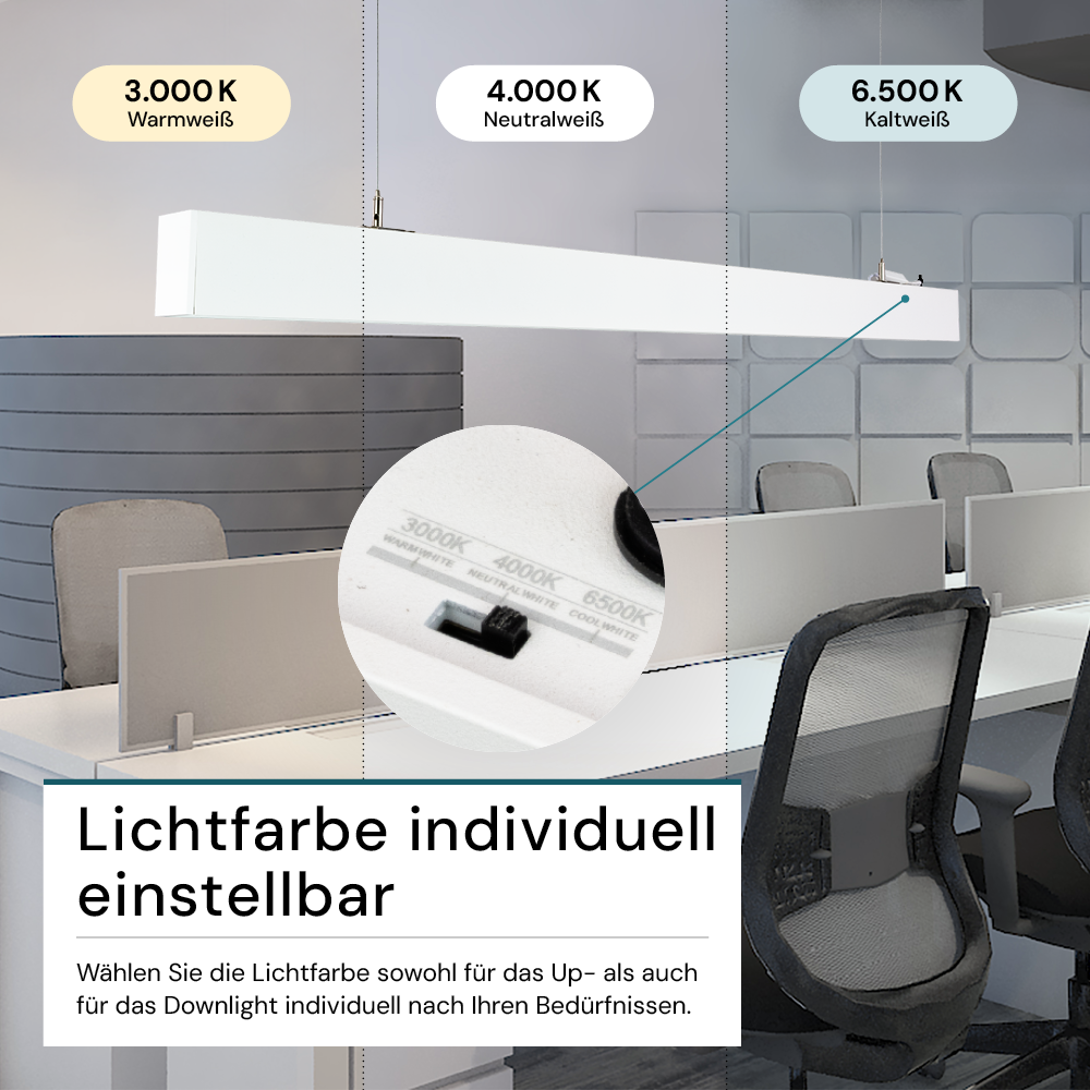LED Büro-/Tresenleuchte Up&Down, weiß, 120 cm, 30 W, 3600 lm, UGR<19, 3000-6500 K (CCT), LIFUD Netzteil, erweiterbar, Aluminium
