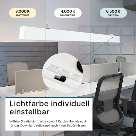 LED Büro-/Tresenleuchte Up&Down, weiß, 120 cm, 30 W, 3600 lm, UGR<19, 3000-6500 K (CCT), LIFUD Netzteil, erweiterbar, Aluminium.