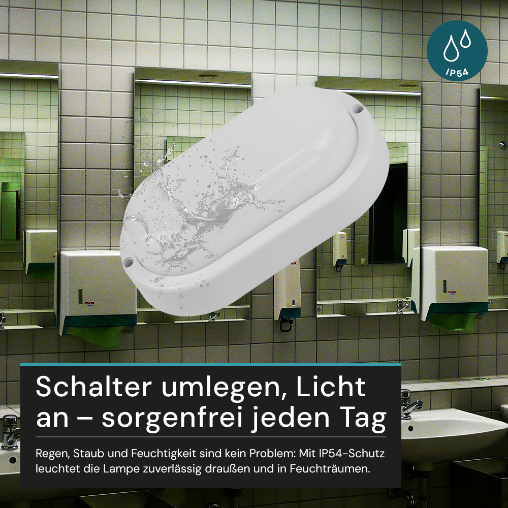Kellerlampe in Weiß, Ovalleuchte, 12 W, 1080 lm, Lichtfarbe einstellbar (CCT), IP54-wassergeschützt, Kabelverbinder, Wandleuchte Innen und Außen, Feuchtraumleuchte