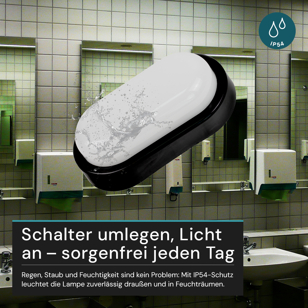 Kellerlampe in Schwarz, Ovalleuchte, 12 W, 1080 lm, Lichtfarbe einstellbar (CCT), IP54-wassergeschützt, Kabelverbinder, Wandleuchte Innen und Außen, Feuchtraumleuchte