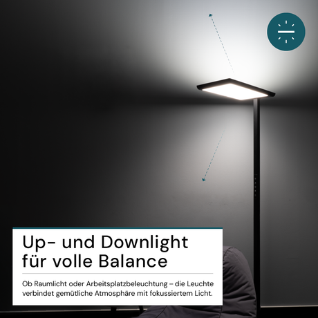 LED Büro-Stehleuchte, Up/Down, in Schwarz, 100 W, 7000 lm, 4000 K (neutralweiß), UGR<16, CRI98, dimmbar, RG0, Bridgelux LED, Arbeitsplatzleuchte