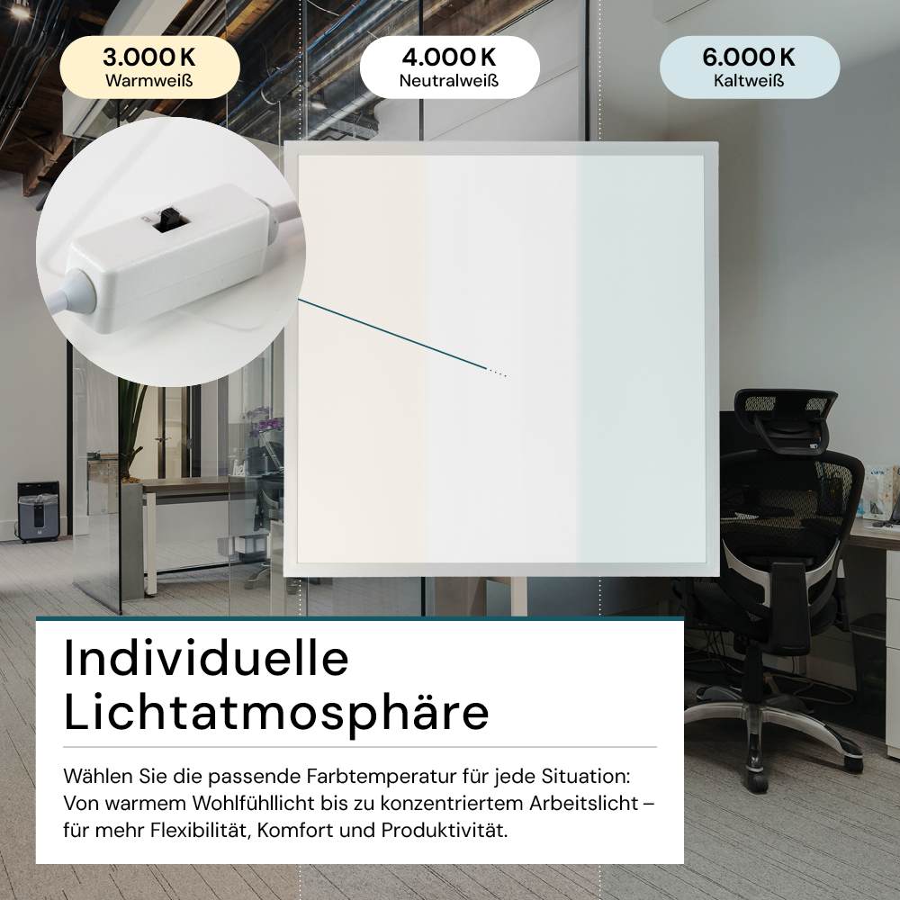 LED-Panel mit Farbtemperaturwechsel CCT, 3000-6000 K, 62x62 cm, Back-lit, 36W, 3600 lm