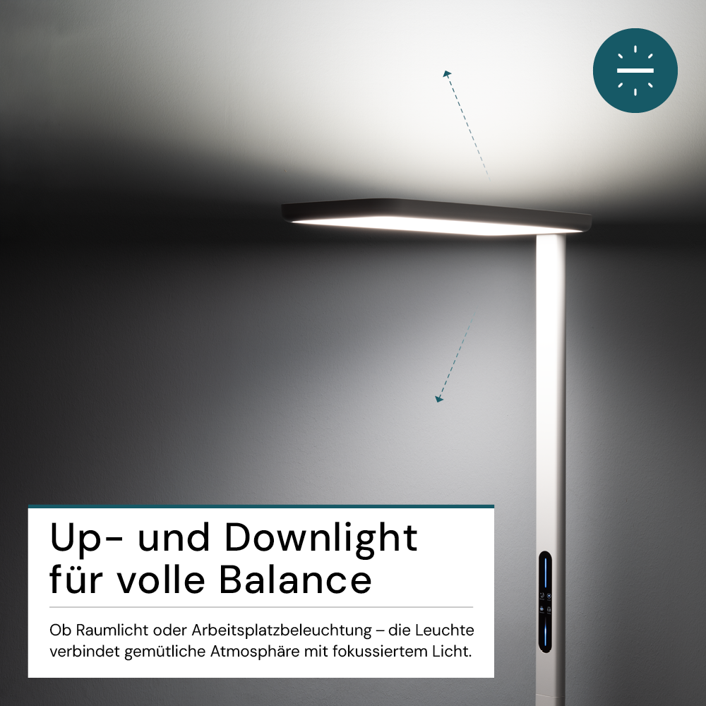 LED Büro-Stehleuchte, Up/Down, in Weiß, 100 W, 7000 lm, 4000 K (neutralweiß), UGR<16, CRI98, dimmbar, RG0, Bridgelux LED, Arbeitsplatzleuchte