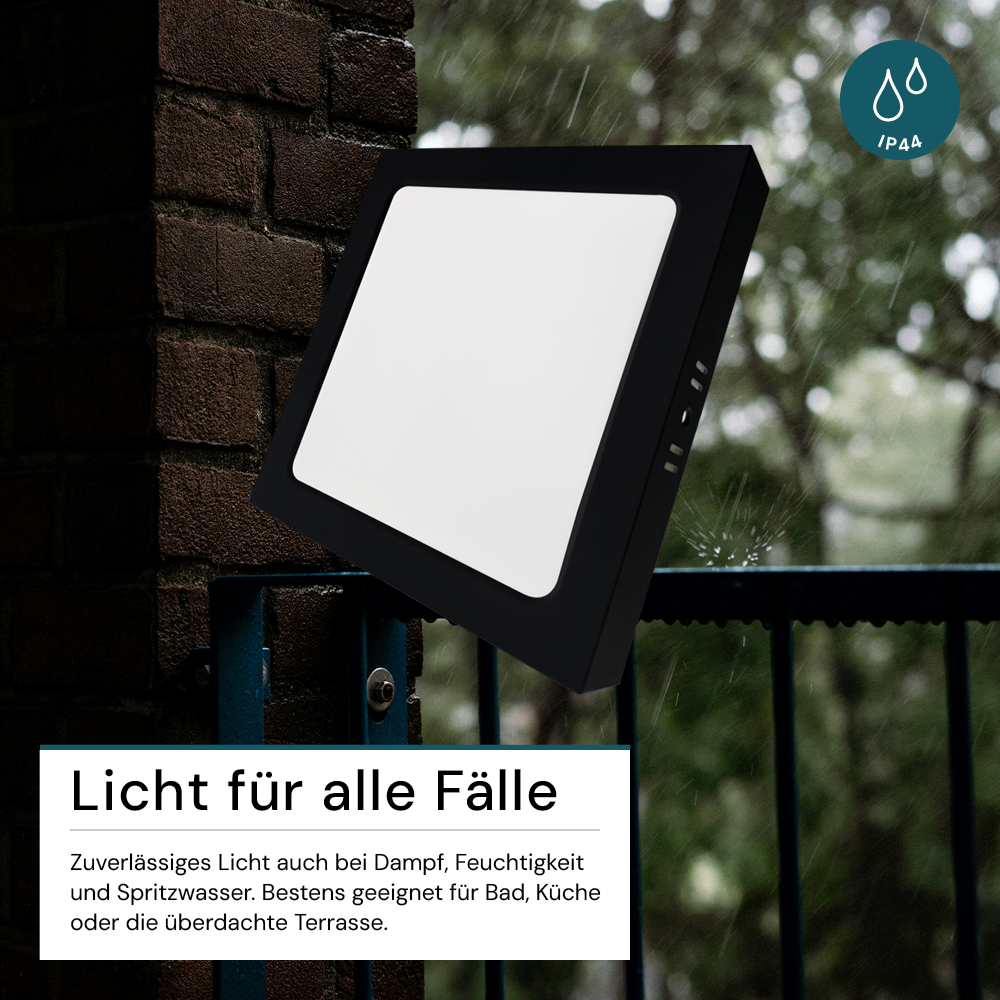 LED Aufbauleuchte in Schwarz, 24 W, 230 V, IP44-geschützt, 2400 lm, Lichtfarbe einstellbar, 298x35 mm, Deckenleuchte mit Diffusor, Badezimmerlampe