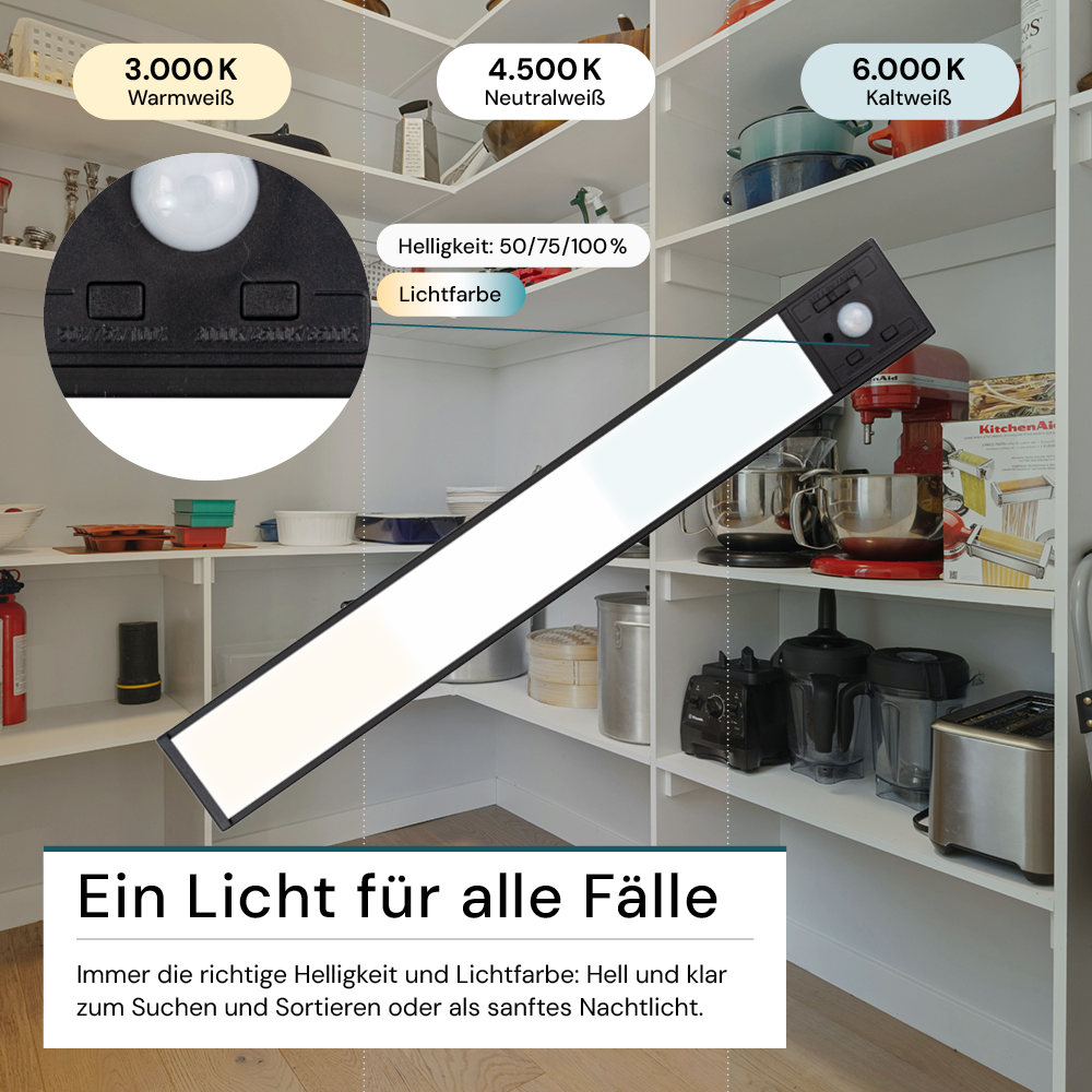 LED Schrankbeleuchtung mit Bewegungsmelder, schwarz, 30 cm, dimmbar, einstellbare Lichtfarbe, USB-aufladbar, einfache Befestigung, Unterbauleuchte