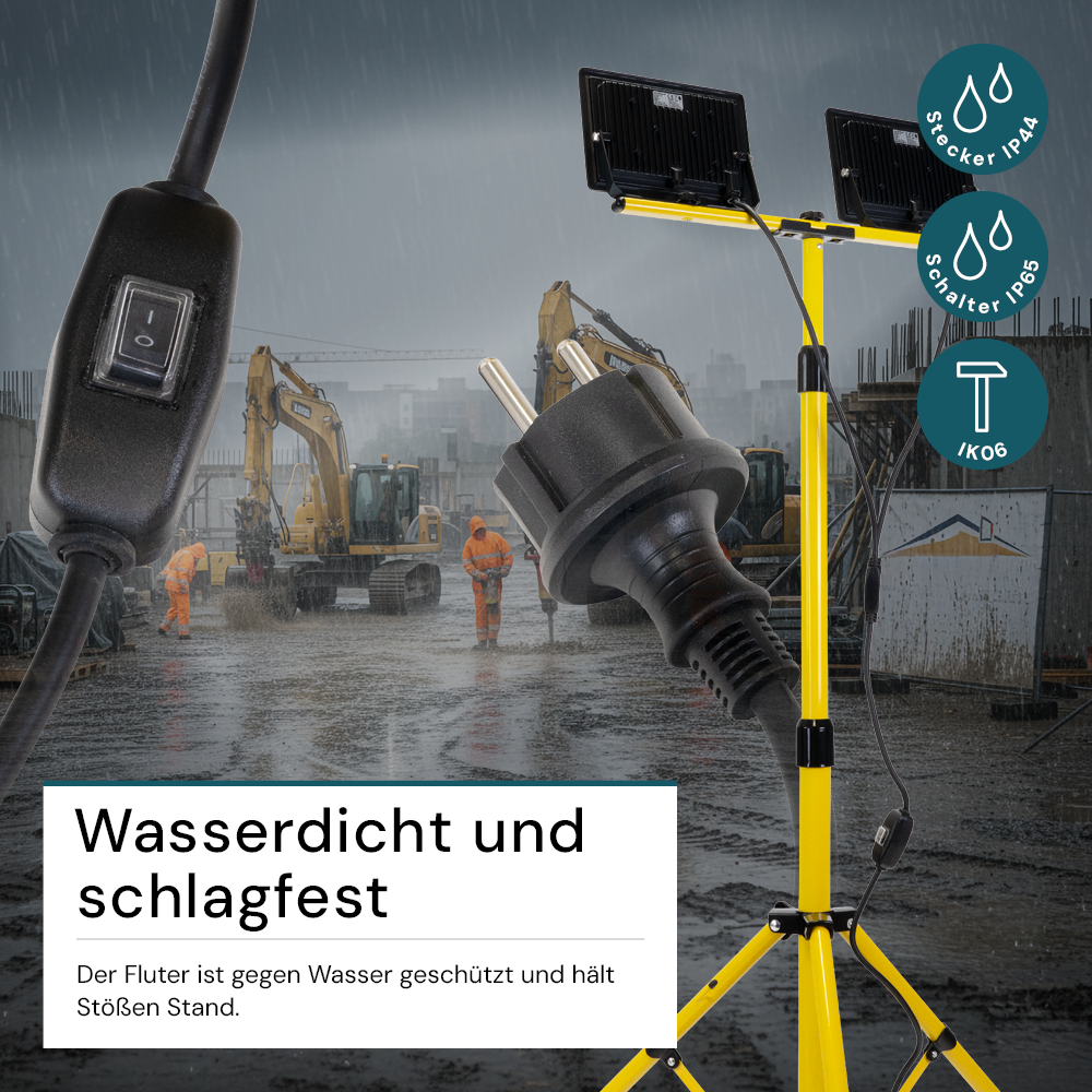LED Baustrahler mit Stativ, 2x 50 W, 4000 K (neutralweiß), 10000 lm, IP65, Schutzkontaktstecker, Ein/Aus-Schalter
