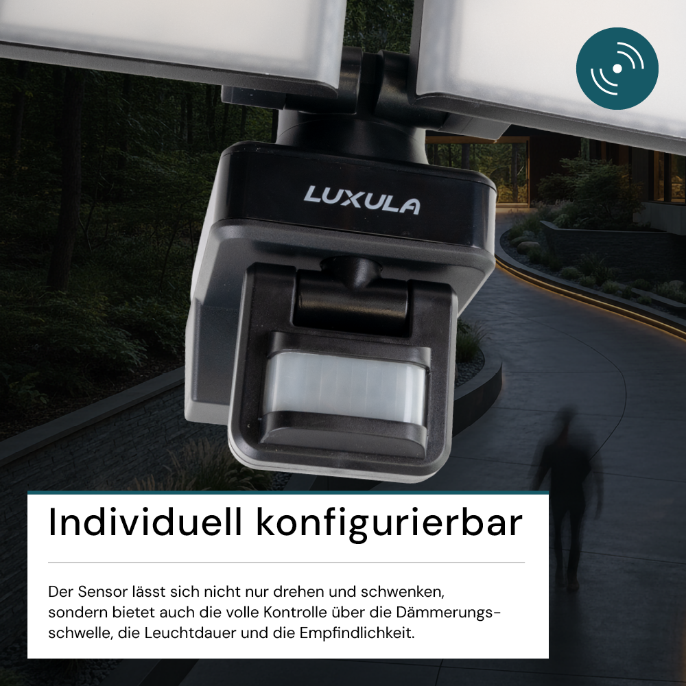 Schwenkbarer LED Fluter mit Bewegungsmelder, 2-köpfig, 2x 15 W, 3200 lm, 4000 K (neutralweiß), IP54, flexibler Strahler, Aluminiumguss, Wandleuchte