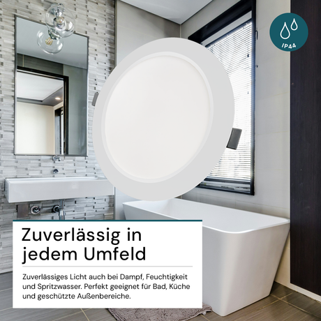 LED Einbauleuchte in Weiß, 18 W, 230 V, IP44-geschützt, 1800 lm, Lichtfarbe einstellbar, Ø221x27 mm, Einbaustrahler mit Diffusor, Badezimmer Deckenleuchte