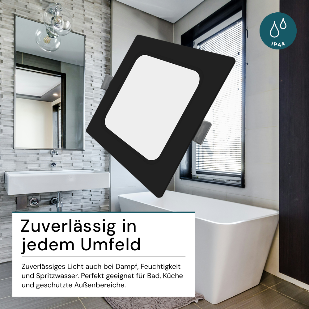 LED Einbauleuchte in Schwarz, 12 W, 230 V, IP44-geschützt, 1200 lm, Lichtfarbe einstellbar, 173x26 mm, Einbaustrahler mit Diffusor, Badezimmer Deckenleuchte