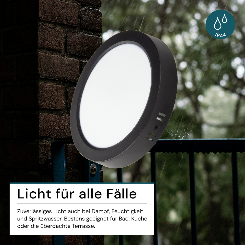LED Aufbauleuchte in Schwarz, 12 W, 230 V, IP44-geschützt, 1200 lm, Lichtfarbe einstellbar, Ø170x34 mm, Deckenleuchte mit Diffusor, Badezimmerlampe