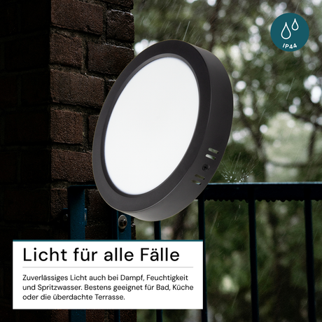 LED Aufbauleuchte in Schwarz, 24 W, 230 V, IP44-geschützt, 2400 lm, Lichtfarbe einstellbar, Ø229x34 mm, Deckenleuchte mit Diffusor, Badezimmerlampe