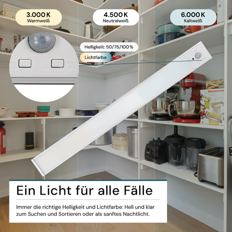 LED Schrankbeleuchtung mit Bewegungsmelder, Silberton, 40 cm, dimmbar, einstellbare Lichtfarbe, USB-aufladbar, einfache Befestigung, Unterbauleuchte