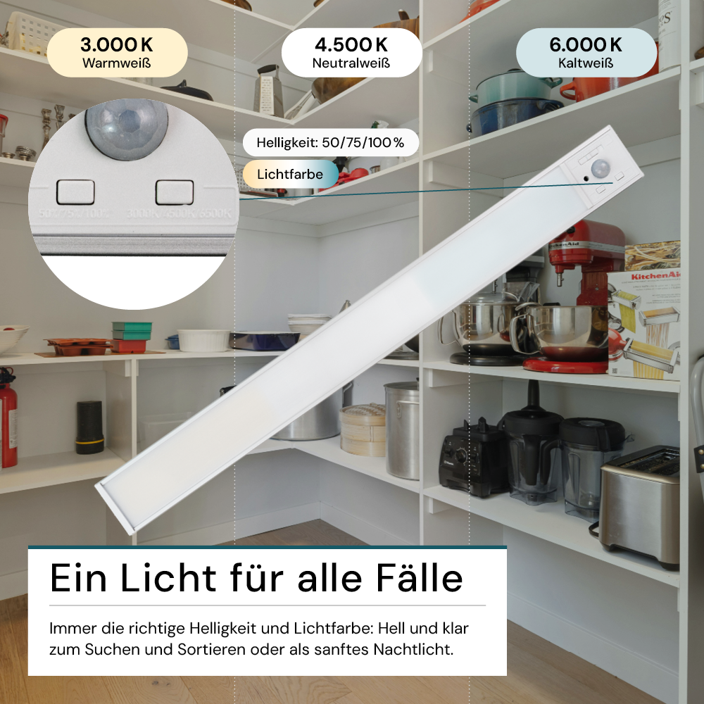LED Schrankbeleuchtung mit Bewegungsmelder, Silberton, 60 cm, dimmbar, einstellbare Lichtfarbe, USB-aufladbar, einfache Befestigung, Unterbauleuchte