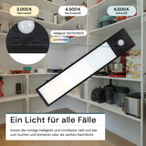 LED Schrankbeleuchtung mit Bewegungsmelder, schwarz, 20 cm, dimmbar, einstellbare Lichtfarbe, USB-aufladbar, einfache Befestigung, Unterbauleuchte