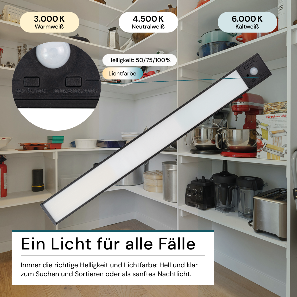 LED Schrankbeleuchtung mit Bewegungsmelder, schwarz, 60 cm, dimmbar, einstellbare Lichtfarbe, USB-aufladbar, einfache Befestigung, Unterbauleuchte