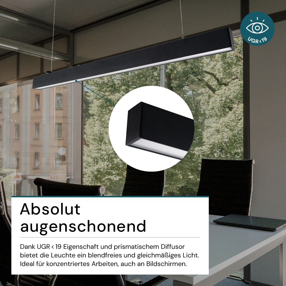 LED Büro-/Tresenleuchte Up&Down, schwarz, 120 cm, 30 W, 3600 lm, UGR<19, 3000-6500 K (CCT), LIFUD Netzteil, erweiterbar, Aluminium
