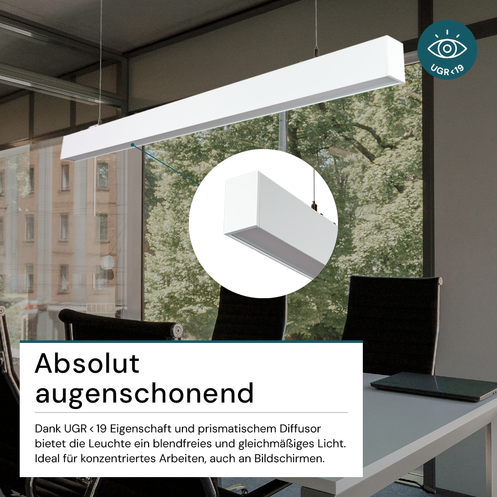 LED Büro-/Tresenleuchte Up&Down, weiß, 120 cm, 30 W, 3600 lm, UGR<19, 3000-6500 K (CCT), LIFUD Netzteil, erweiterbar, Aluminium