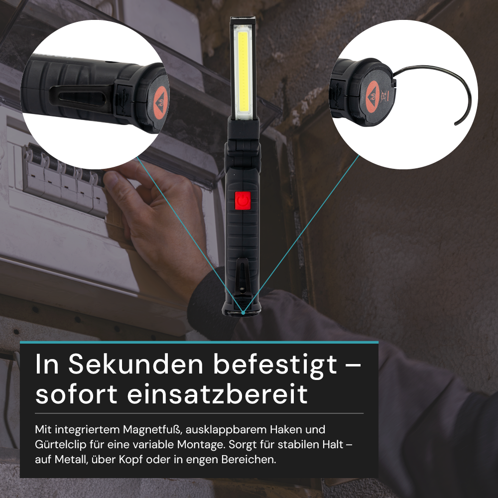 LED-Arbeitsleuchte mit Akku, 5 Lichtmodi, 11 cm, mit Magnet und Haken, USB-aufladbar, drehbare Taschenlampe, Inspektionsleuchte