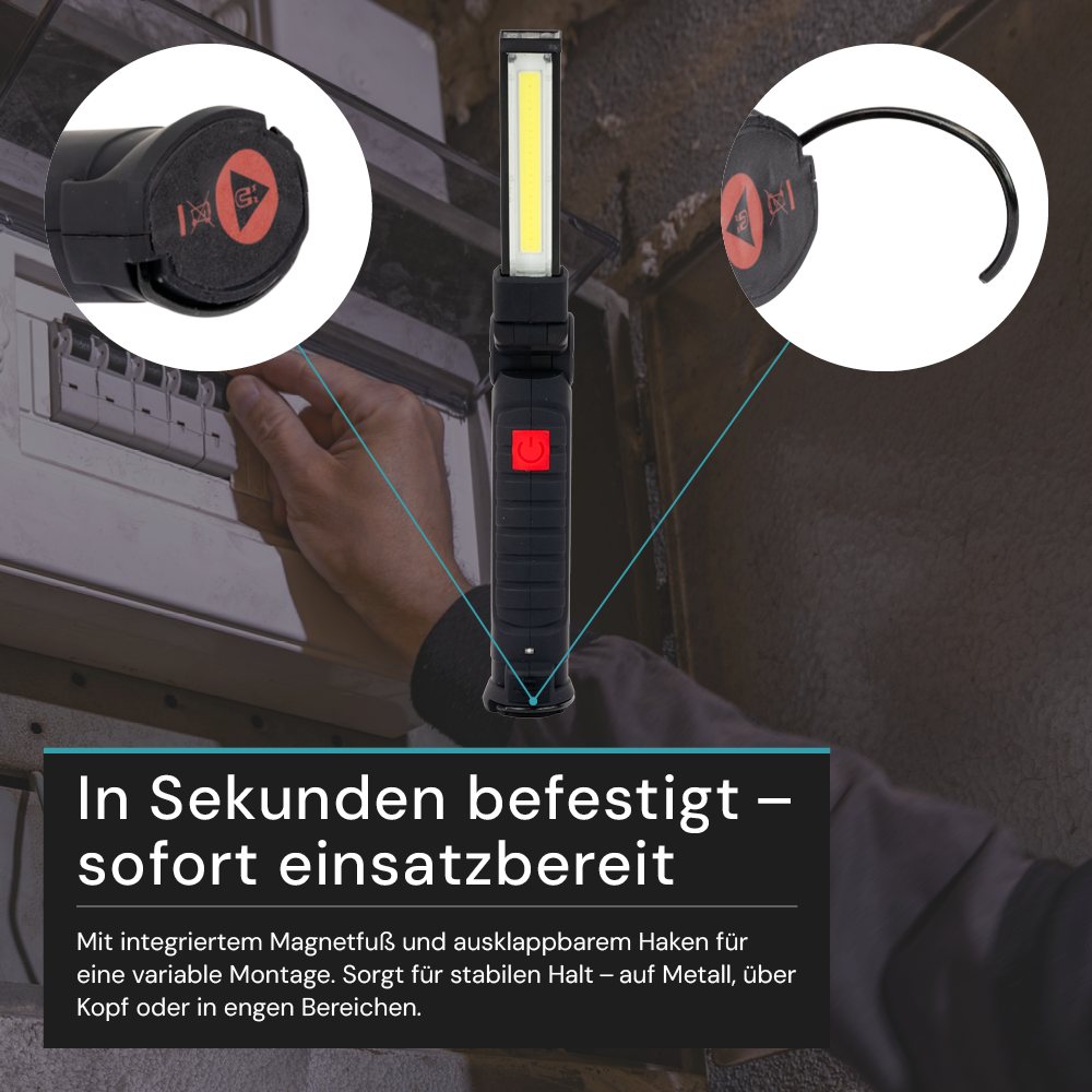 LED-Arbeitsleuchte mit Akku, 5 Lichtmodi, 14 cm, mit Magnet und Haken, USB-aufladbar, drehbare Taschenlampe, Inspektionsleuchte