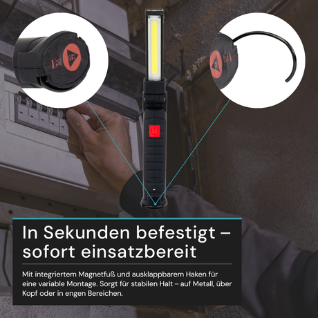 LED-Arbeitsleuchte mit Akku, 5 Lichtmodi, 14 cm, mit Magnet und Haken, USB-aufladbar, drehbare Taschenlampe, Inspektionsleuchte.
