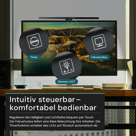 Monitor Lampe in Schwarz, Touch Control, 50 cm, 5 W Leistung, Lichtfarbe und Helligkeit einstellbar, Bildschirmlampe.