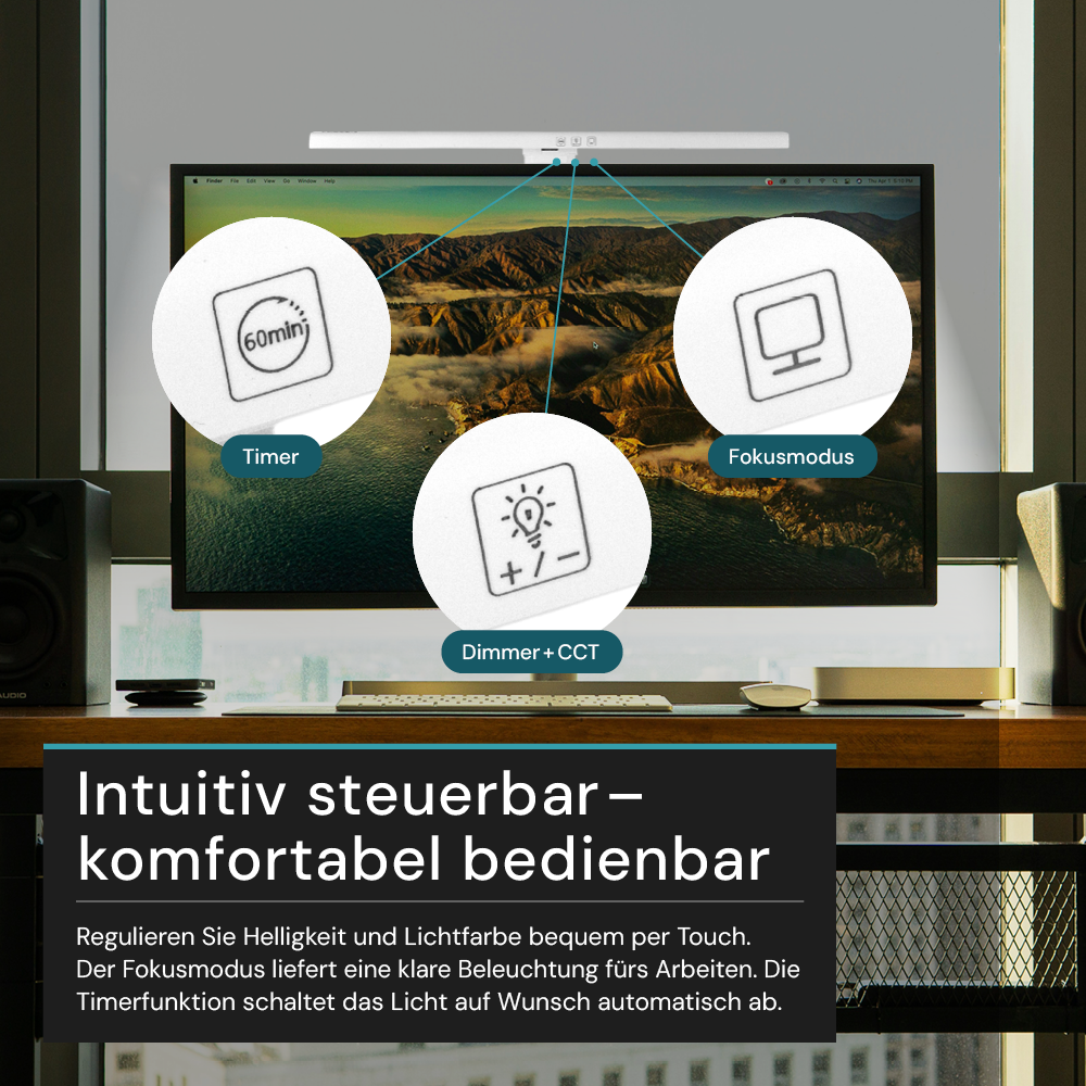 Monitor Lampe in Weiß, Touch Control, 50 cm, 5 W Leistung, Lichtfarbe und Helligkeit einstellbar, Bildschirmlampe