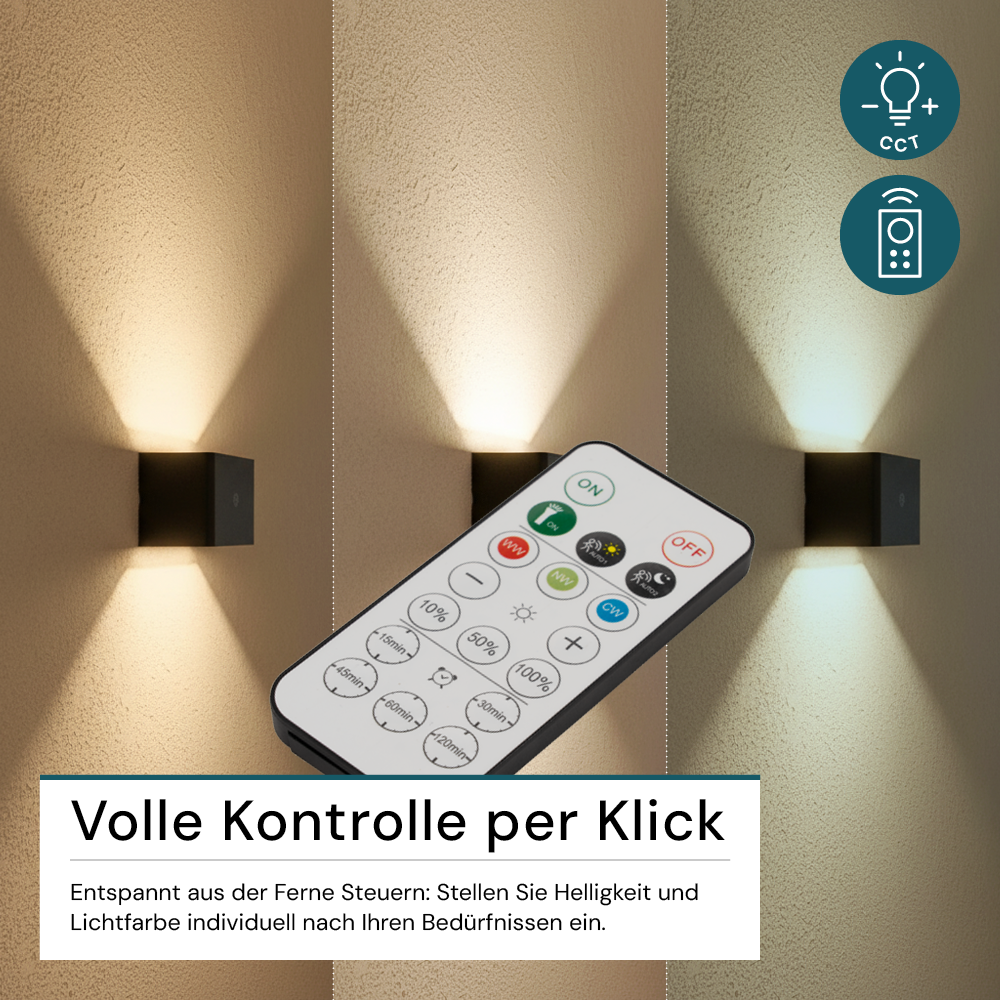 LED Akku Wandleuchte mit Bewegungssensor, Up- & Downlight, Lichtfarbe und Helligkeit einstellbar, mit Fernbedienung, schwarz, wiederaufladbar, Innenbereich –