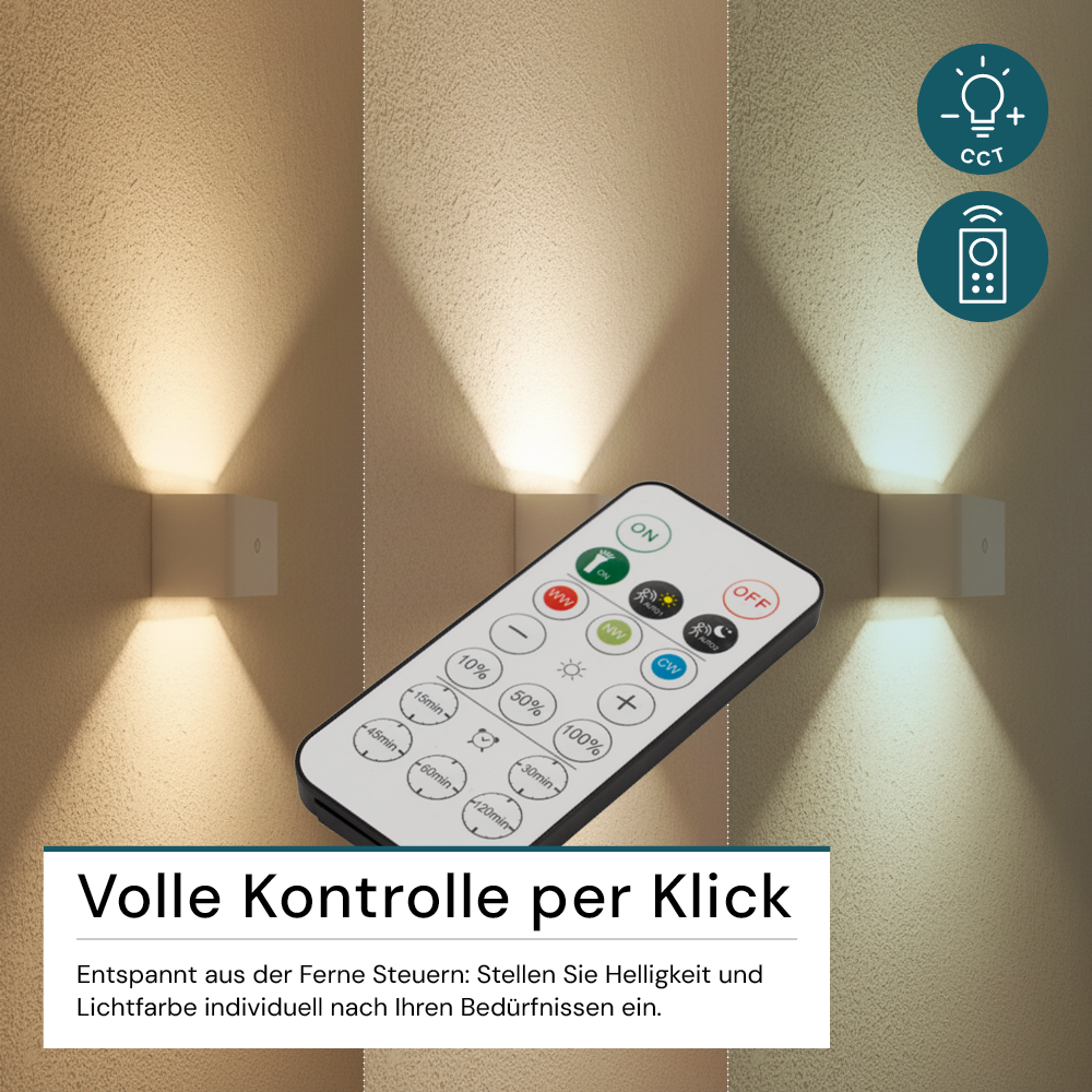 LED Akku Wandleuchte mit Bewegungssensor, Up- & Downlight, Lichtfarbe und Helligkeit einstellbar, mit Fernbedienung, weiß, wiederaufladbar, Innenbereich –