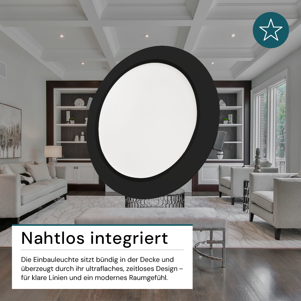 LED Einbauleuchte in Schwarz, 6 W, 230 V, IP44-geschützt, 600 lm, Lichtfarbe einstellbar, Ø117x25 mm, Einbaustrahler mit Diffusor, Badezimmer Deckenleuchte