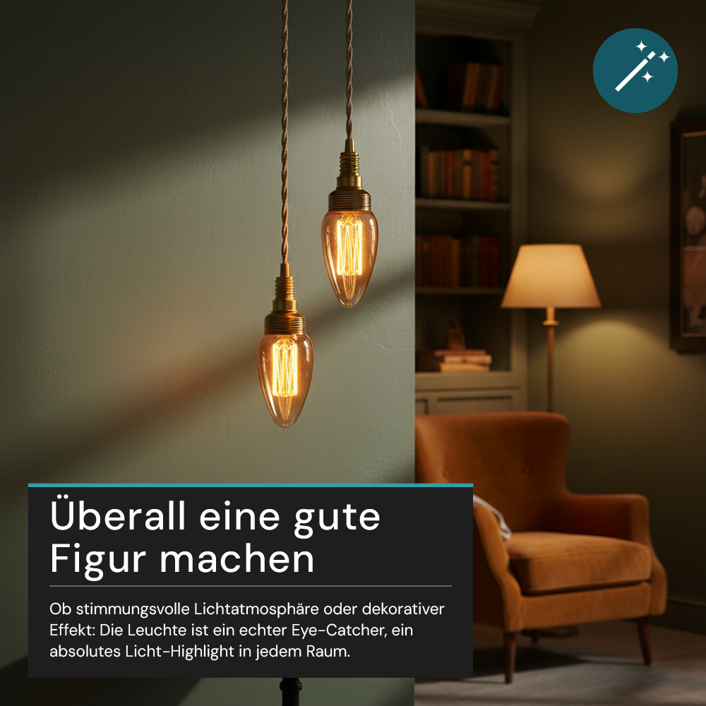 LED Filament Leuchtmittel, Vintage Dekoleuchte, Kerze C35, E14, 2.3W, 65lm, 1800K, dimmbar
