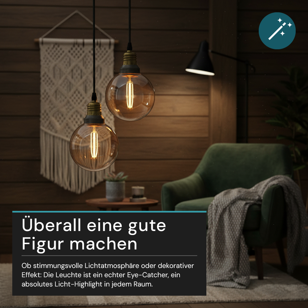 LED Filament Leuchtmittel, LINE, Amber, Globe G80, E27, 2W, 65lm, 1800K, dimmbar