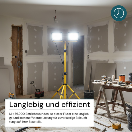 LED Baustrahler mit Teleskop-Stativ, 2x 30 W, 4000 K (neutralweiß), 6000 lm, IP65, Schutzkontaktstecker, Ein/Aus-Schalter
