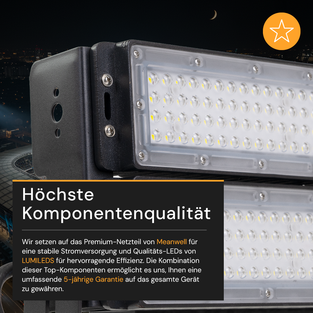 profi fahrradbeleuchtung LED Stadion Fluter, 500 W, 65000 lm, 5000 K, IP66 Der Profi-Stadion-Fluter  mit 500 W, 65.000 lm und neutralweißem 5.000-K-Licht ist die  leistungsstärkste Lösung der Serie für professionelle  Großflächenbeleuchtung auf Sportanlagen, Industriehöfen,
