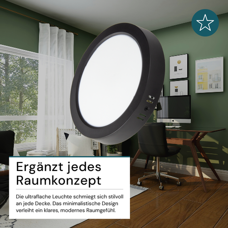 LED Aufbauleuchte in Schwarz, 18 W, 230 V, IP44-geschützt, 1800 lm, Lichtfarbe einstellbar, Ø224x35 mm, Deckenleuchte mit Diffusor, Badezimmerlampe
