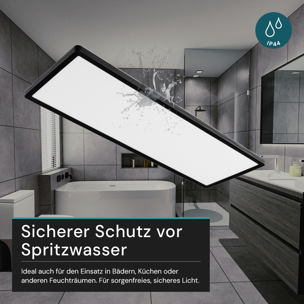 LED-Panel mit Fernbedienung, 58×20 cm, schwarz, 24 W, 2200 lm, IP44 Wassergeschützt, Helligkeit und Lichtfarbe einstellbar