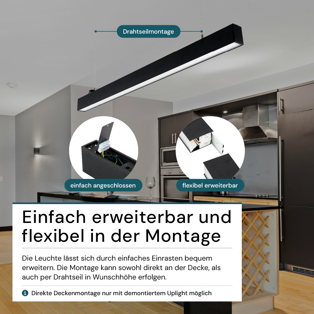 LED Büro-/Tresenleuchte Up&Down, schwarz, 120 cm, 30 W, 3600 lm, UGR<19, 3000-6500 K (CCT), LIFUD Netzteil, erweiterbar, Aluminium