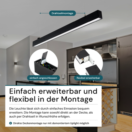 9er-Pack LED Büro-/Tresenleuchte Up&Down, schwarz, 120 cm, 30 W, 3600 lm, UGR<19, 3000-6500 K (CCT), LIFUD Netzteil, erweiterbar, Aluminium.