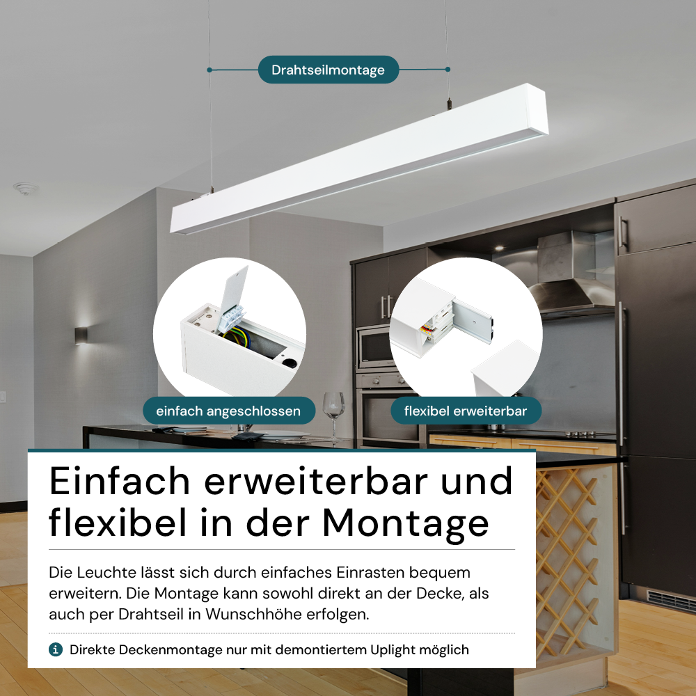 LED Büro-/Tresenleuchte Up&Down, weiß, 120 cm, 30 W, 3600 lm, UGR<19, 3000-6500 K (CCT), LIFUD Netzteil, erweiterbar, Aluminium