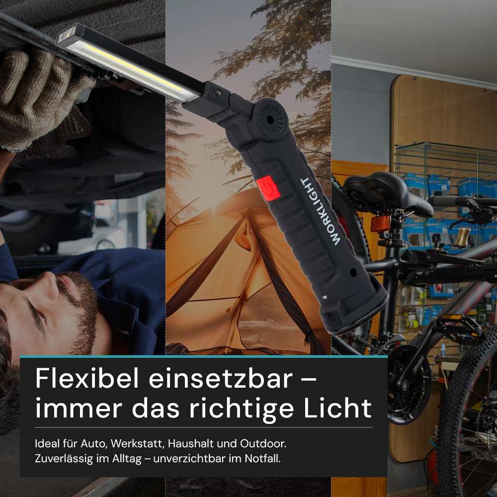 LED-Arbeitsleuchte mit Akku, 5 Lichtmodi, 14 cm, mit Magnet und Haken, USB-aufladbar, drehbare Taschenlampe, Inspektionsleuchte