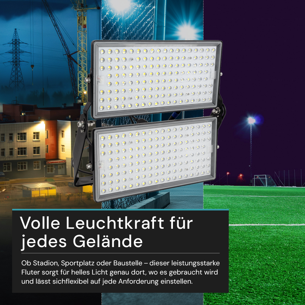 Stadion Fluter, 500 W, 6500 K (kaltweiß), 67500 lm, IP65, hohe Energieeffizienz, Großflächenstrahler