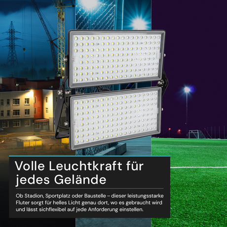 Stadion Fluter, 500 W, 6500 K (kaltweiß), 67500 lm, IP65, hohe Energieeffizienz, Großflächenstrahler